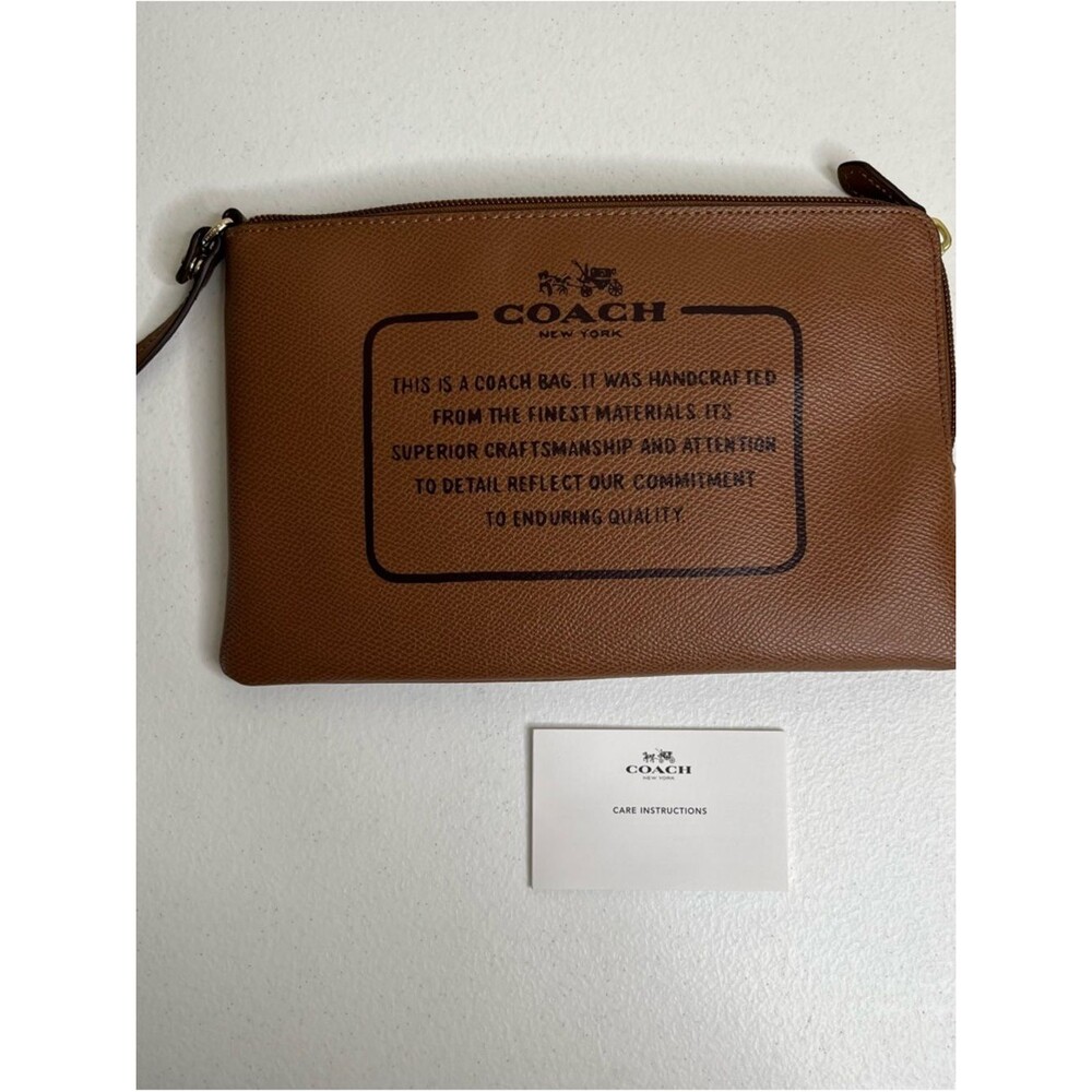 Coach Brown Pebbled Leathered Story Patch Logo Zip Pouch Wallet Bag Wristlet - Picture 12 of 15
